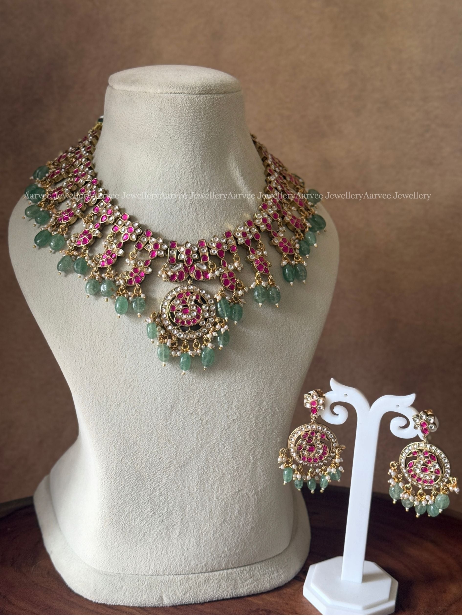 JADAU KUNDAN PINK STONE FLORAL & PEACOCK MOTIF NECKLACE SET WITH PASTEL BEADS
