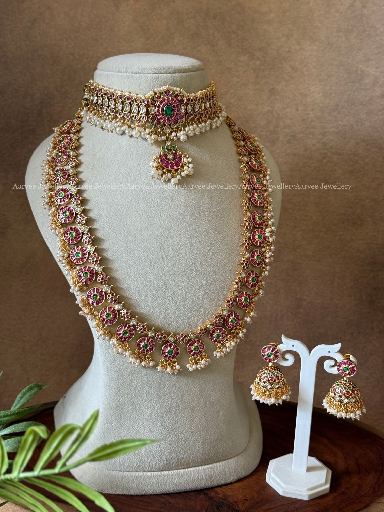 COMBO - KEMP PINK STONE SINGLE PENDANT CHOKER WITH BOTTU MALA HARAM SET