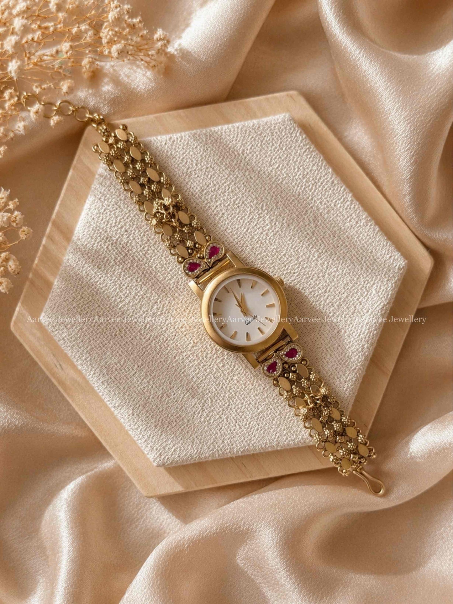 ANTIQUE JADAU KUNDAN RUBY STONES WATCH BRACELET WITH MANGO MOTIF