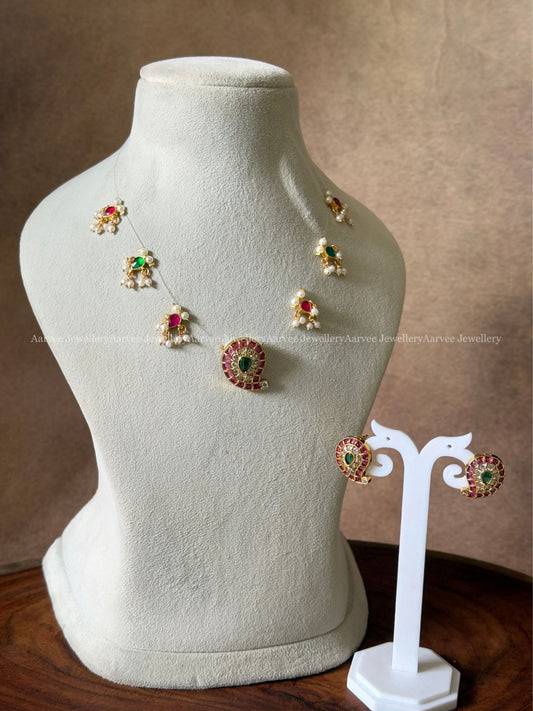 INVISIBLE CHAIN SET WITH RUBY / GREEN / WHITE KEMP STONE MANGO PENDANT