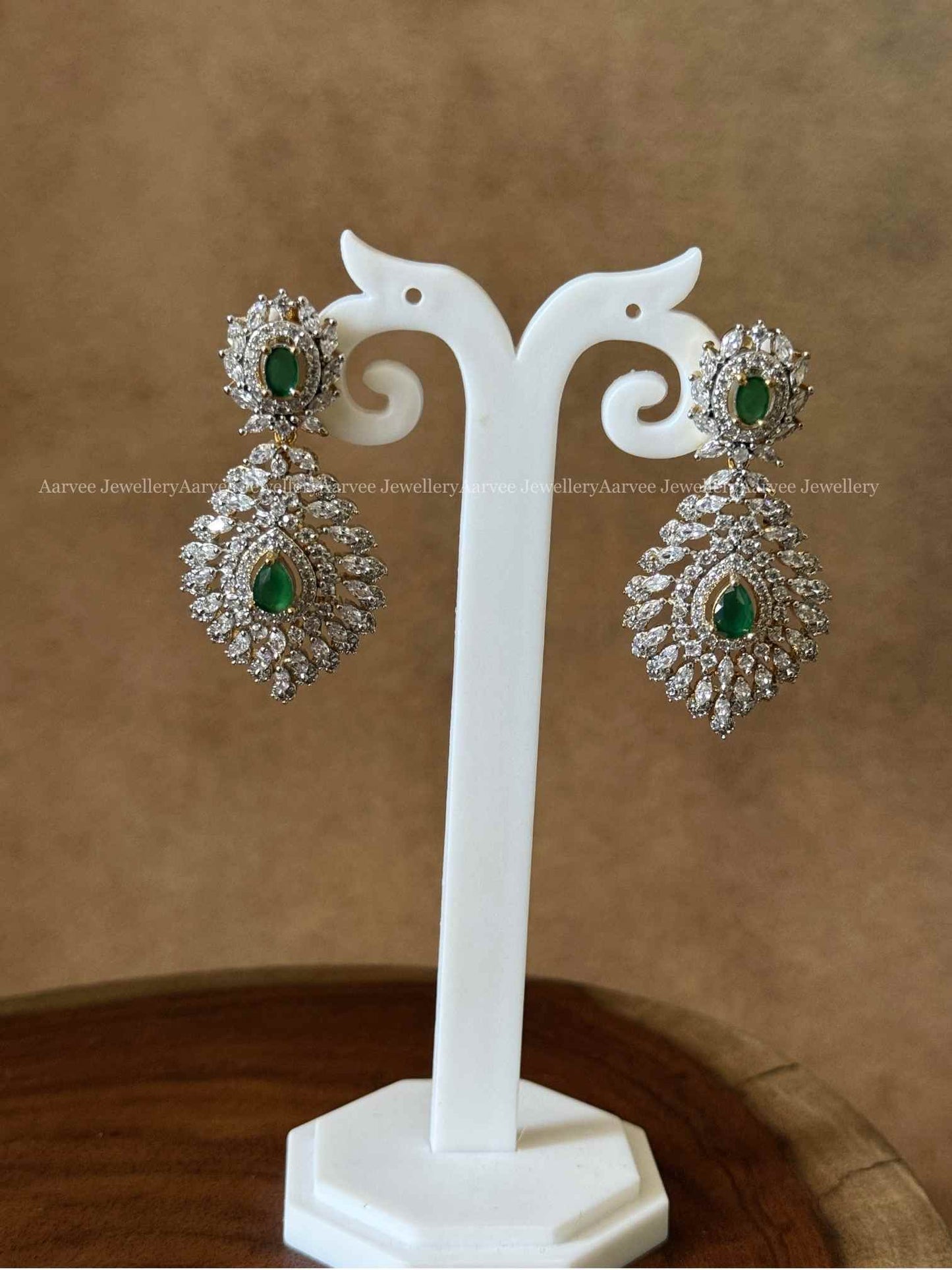 CLEARANCE - AD WHITE / GREEN STONES EARRINGS WITH SCREW BACK - PREMIUM- MEDIUM SIZED