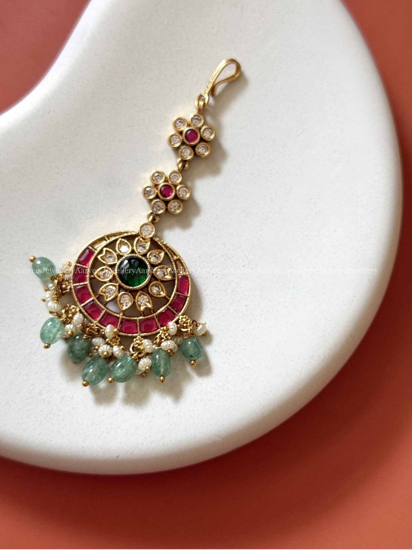 KEMP FLORAL TIKKA WITH RUBY / WHITE STONES AND PASTEL BEADS