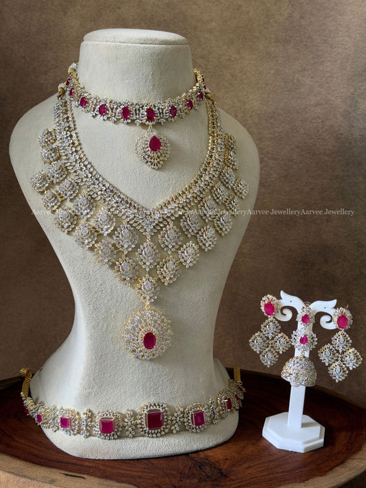 WHITE / RUBY AD STONES BRIDAL JEWELLERY SET