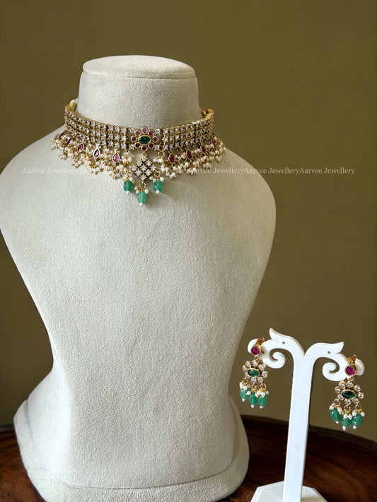CZ WHITE/PINK STONES MINI CHOKER SET WITH GREEN BEADS