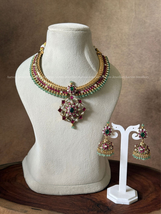 PREMIUM GOLD PLATED PINK KUNDAN STONES JALEBI NECKLACE SET WITH PASTEL BEADS