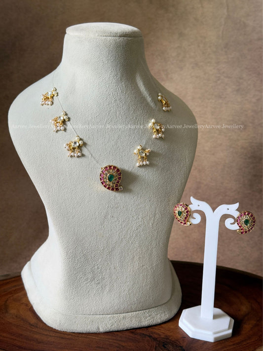 INVISIBLE CHAIN SET WITH RUBY / WHITE KEMP STONE MANGO PENDANT