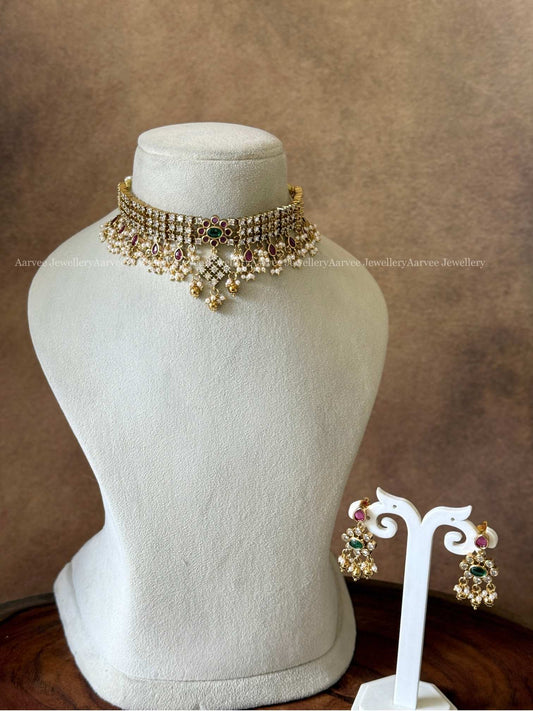 CZ WHITE/PINK STONES MINI CHOKER SET WITH GOLD BEADS