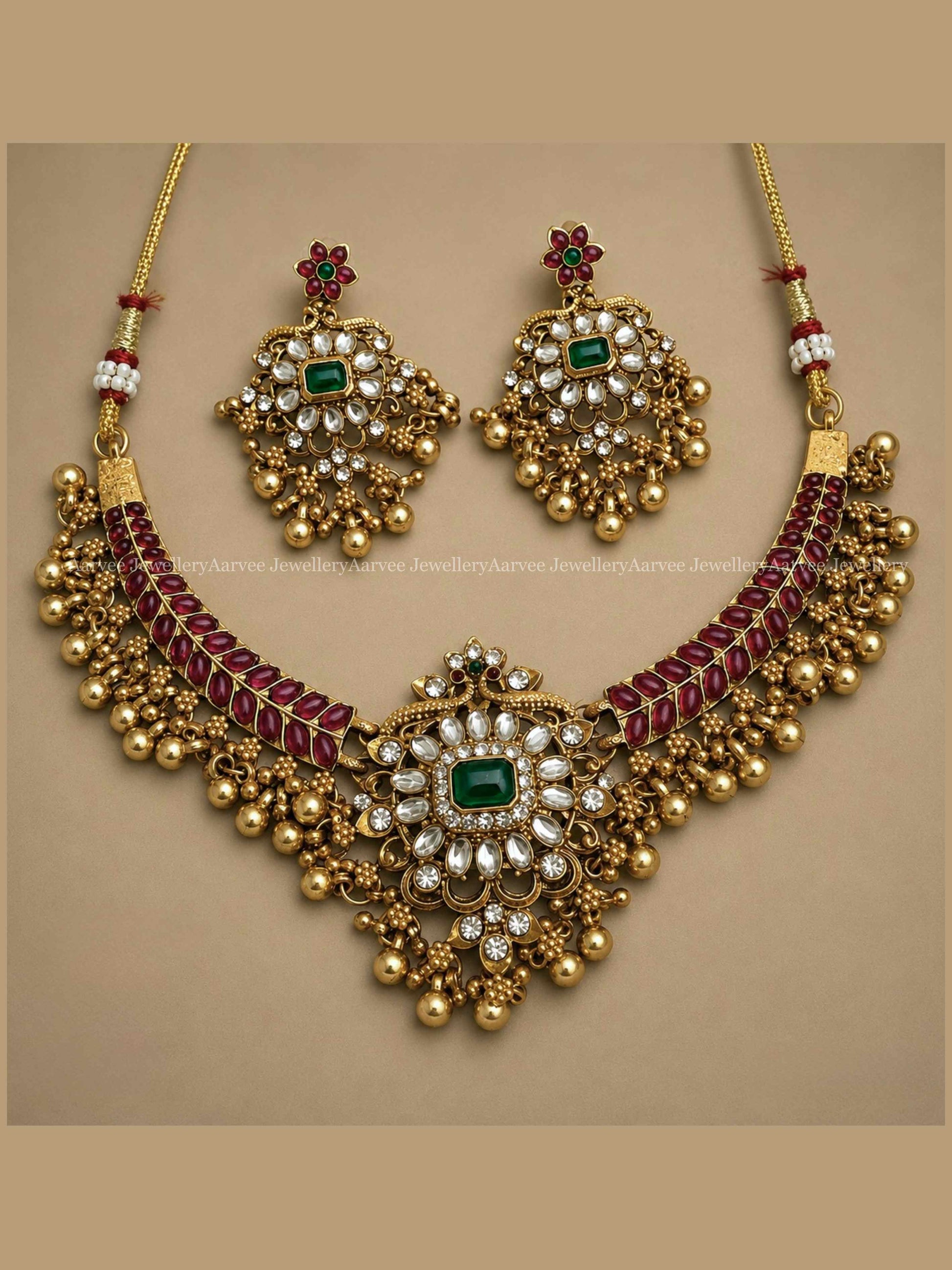 KANTI NECKLACE WITH RUBY / WHITE STONE AND PEACOCK DESIGN
