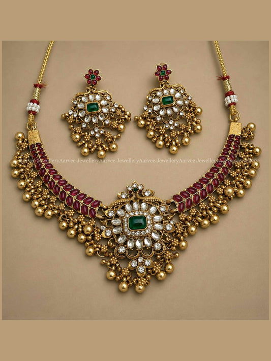 KANTI NECKLACE WITH RUBY / WHITE STONE AND PEACOCK DESIGN