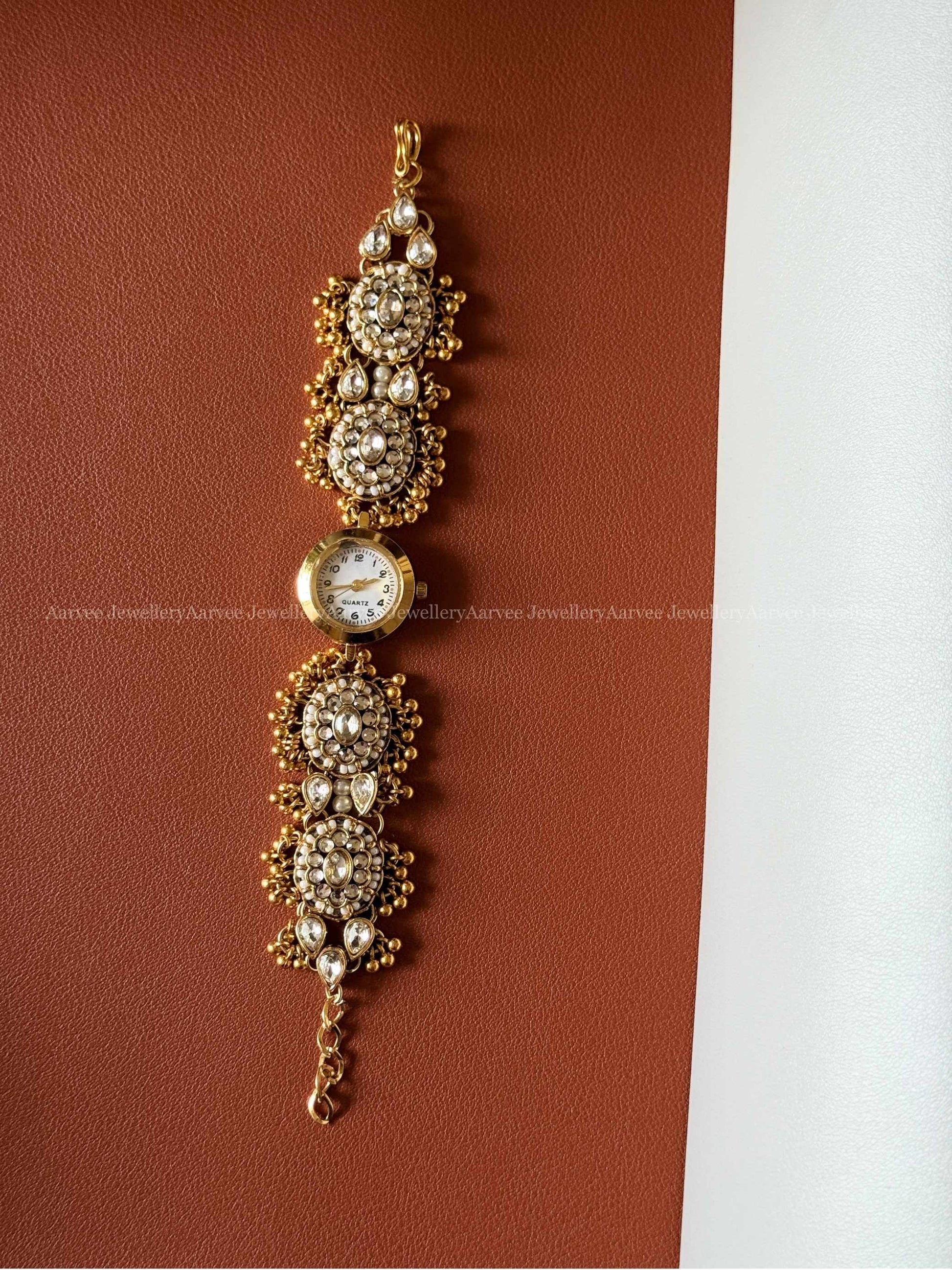ANTIQUE GOLD WHITE KUNDAN ROUND FLORAL  WATCH BRACELET