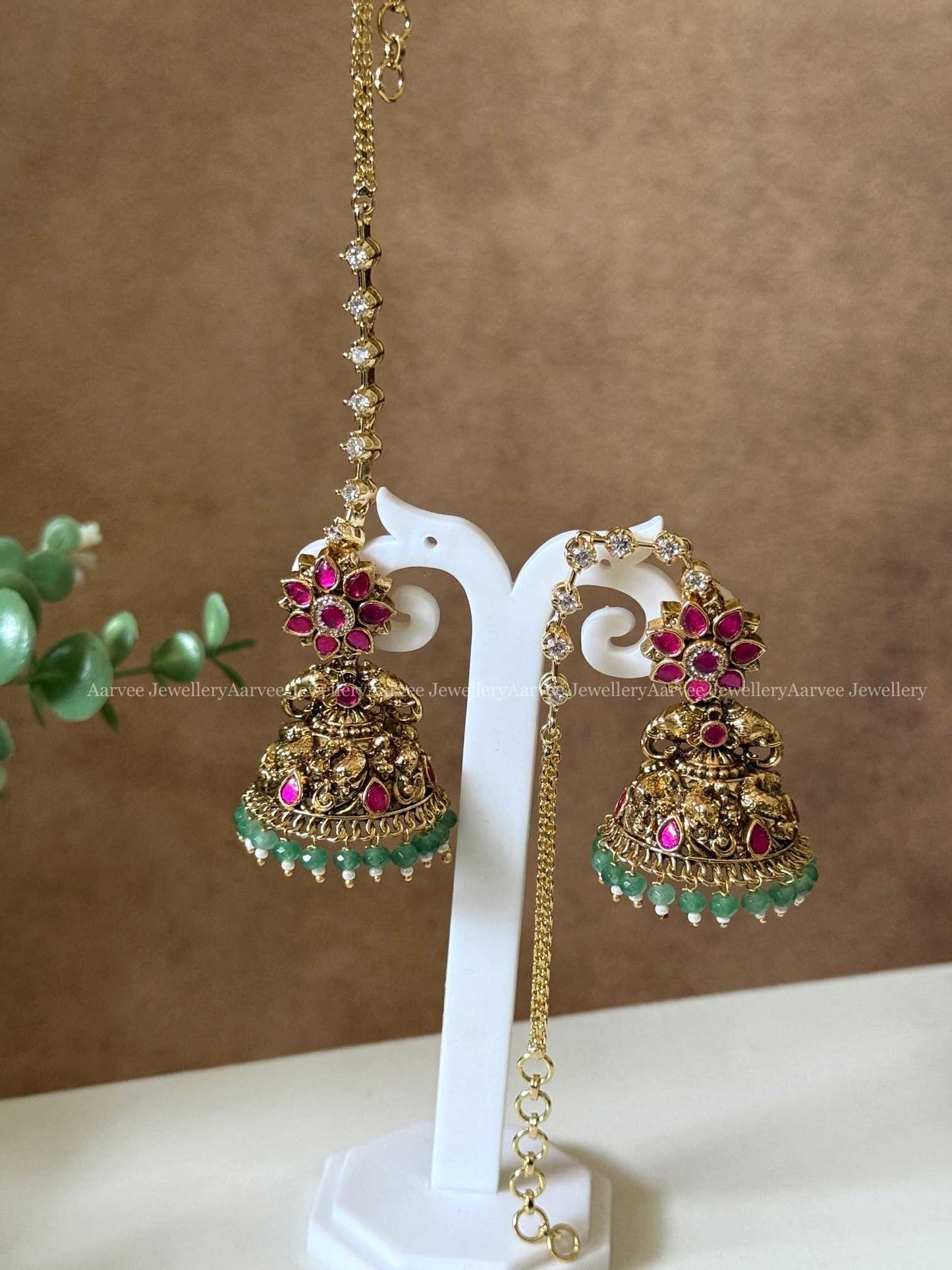 PREMIUM KUNDAN STONES JHUMKI WITH EAR CHAIN IN PASTEL BEADS