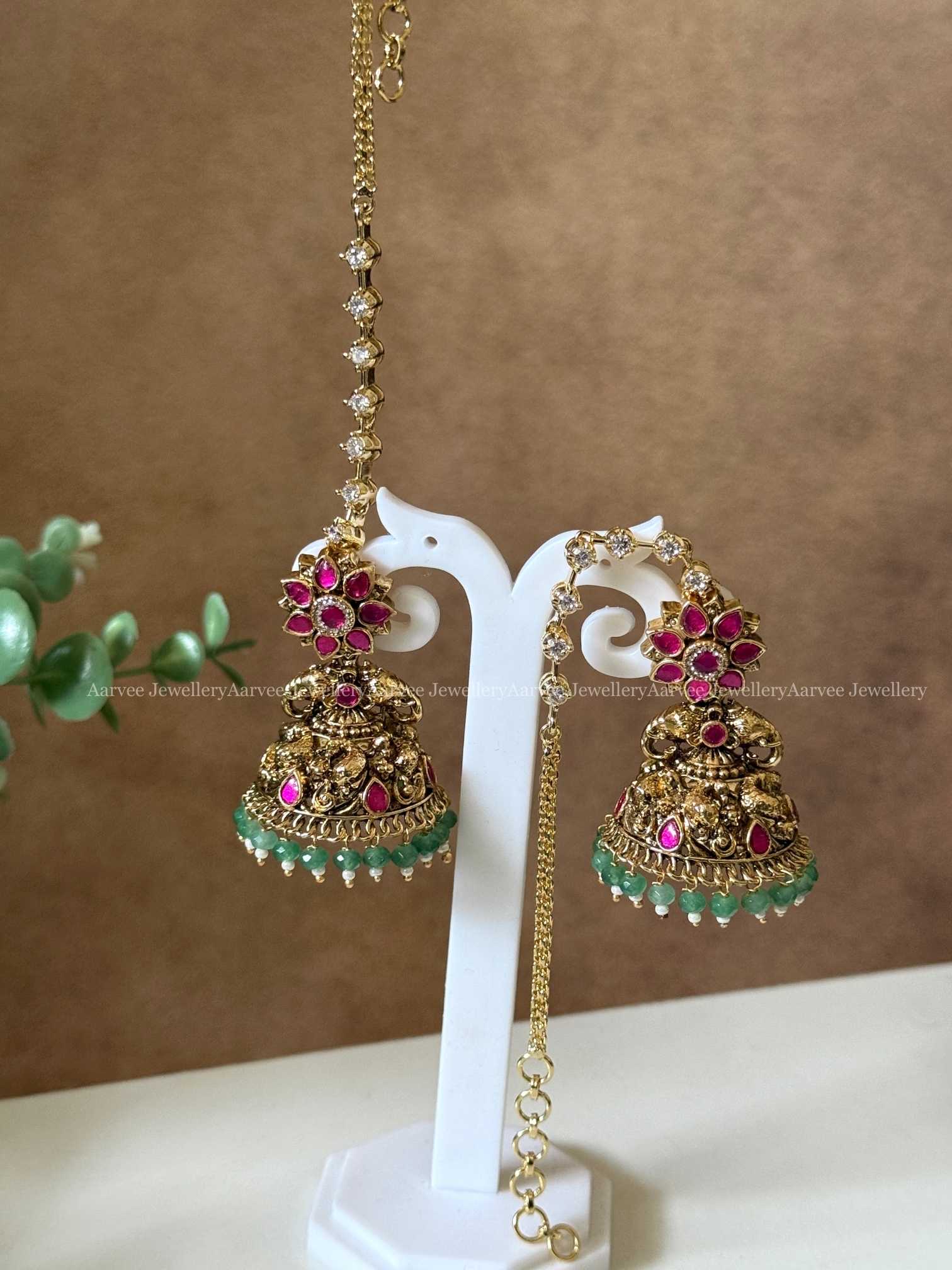 PREMIUM KUNDAN STONES JHUMKI WITH EAR CHAIN IN PASTEL BEADS