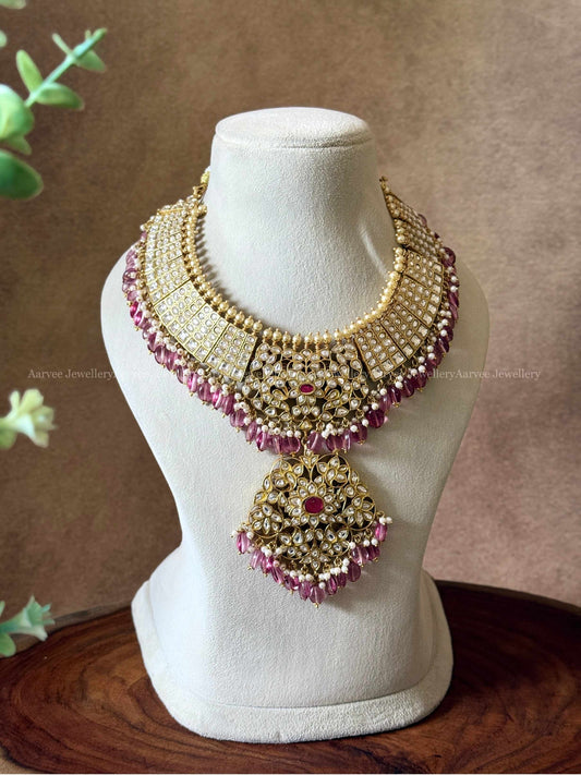 JADAU KUNDAN WHITE STONE STATEMENT NECKLACE WITH WINE BEADS