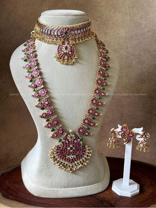 PREMIUM PINK KUNDAN STONES CHOKER WITH FLORAL MANGO HARAM SET 