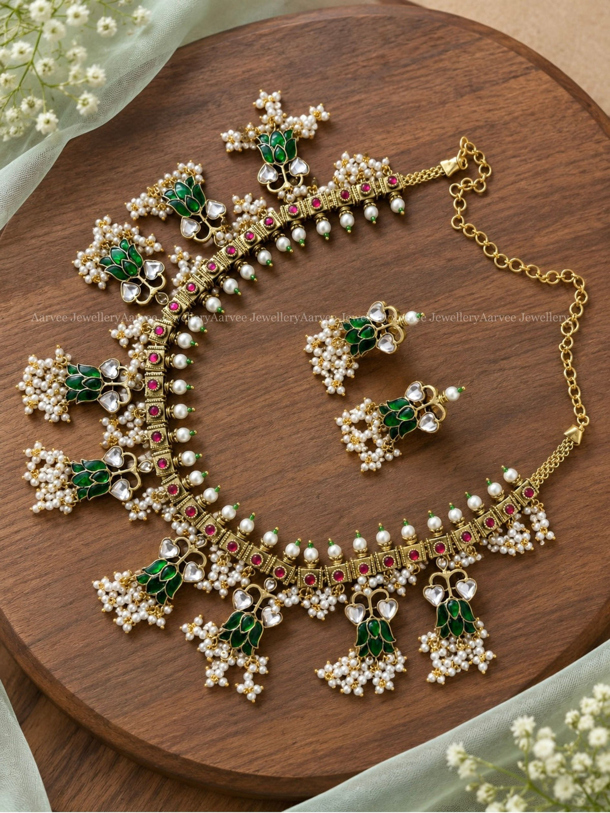 JADAU KUNDAN MATTE GUTTA PUSALU NECKLACE SET WITH GREEN STONE INVERTED LOTUS