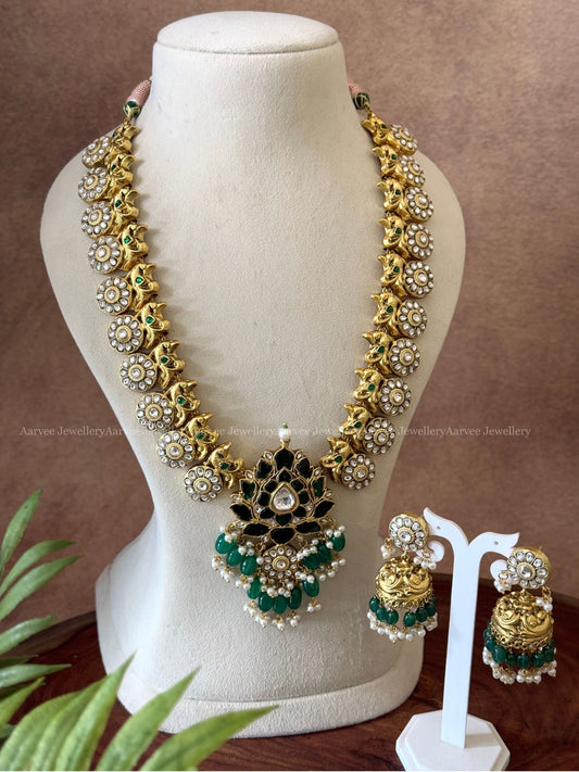 JADAU KUNDAN WHITE STONE HARAM SET WITH GREEN LOTUS PENDANT WITH GREEN BEADS