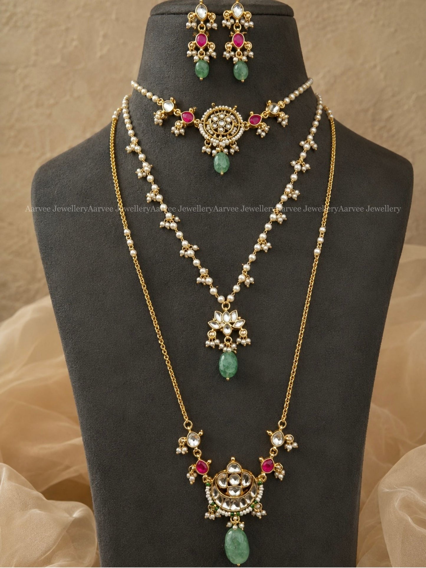 POLKI KUNDAN MINIMAL LAYERED SET WITH WHITE / PINK STONE & PASTEL BEADS 