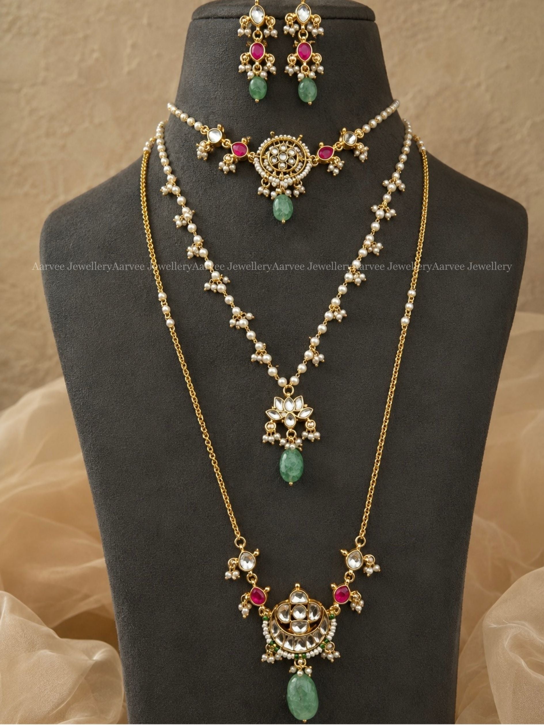 POLKI KUNDAN MINIMAL LAYERED SET WITH WHITE / PINK STONE & PASTEL BEADS 