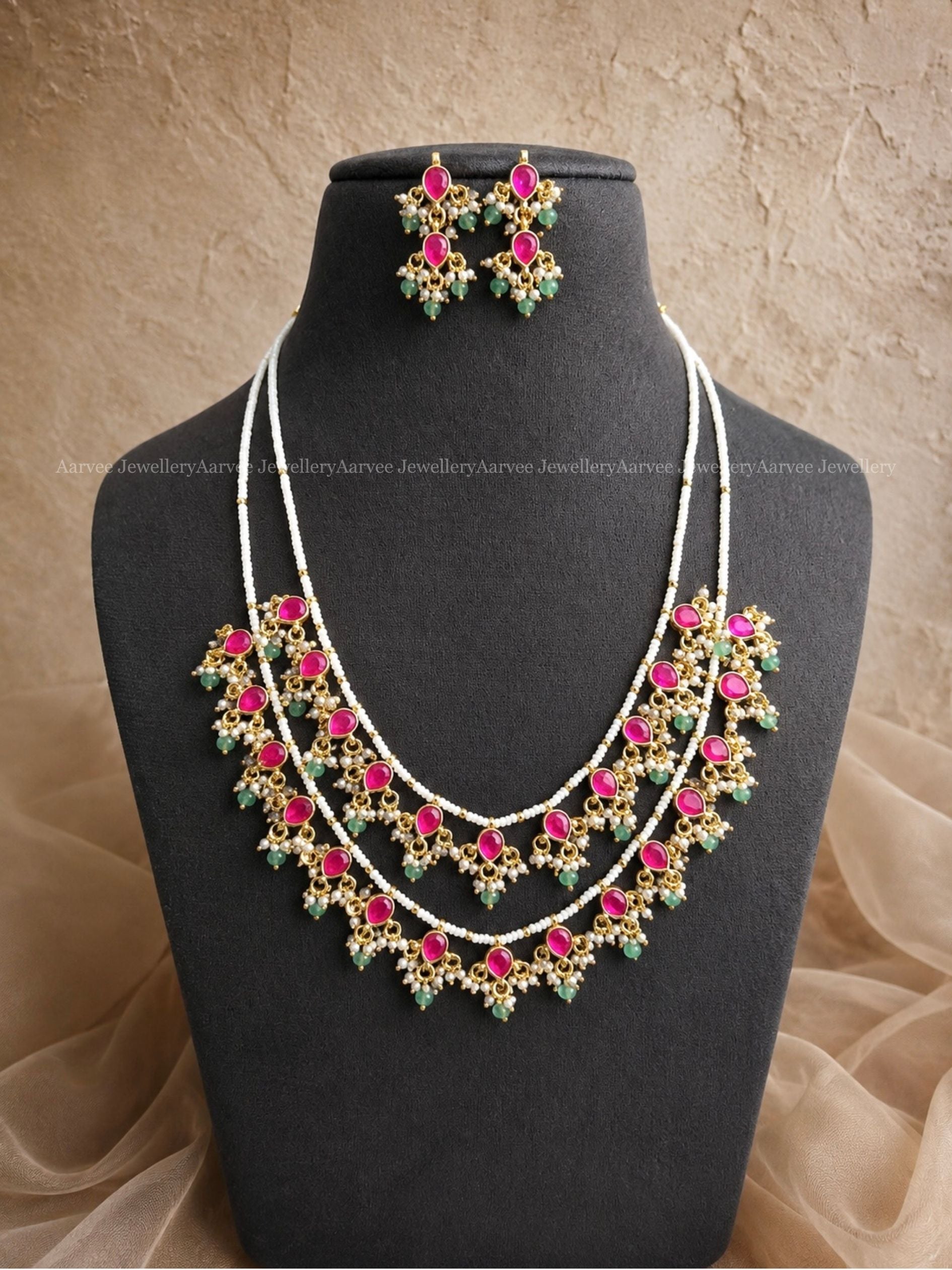 POLKI KUNDAN TWO LAYERED PEARL NECKLACE SET WITH RUBY STONE & PASTEL BEADS