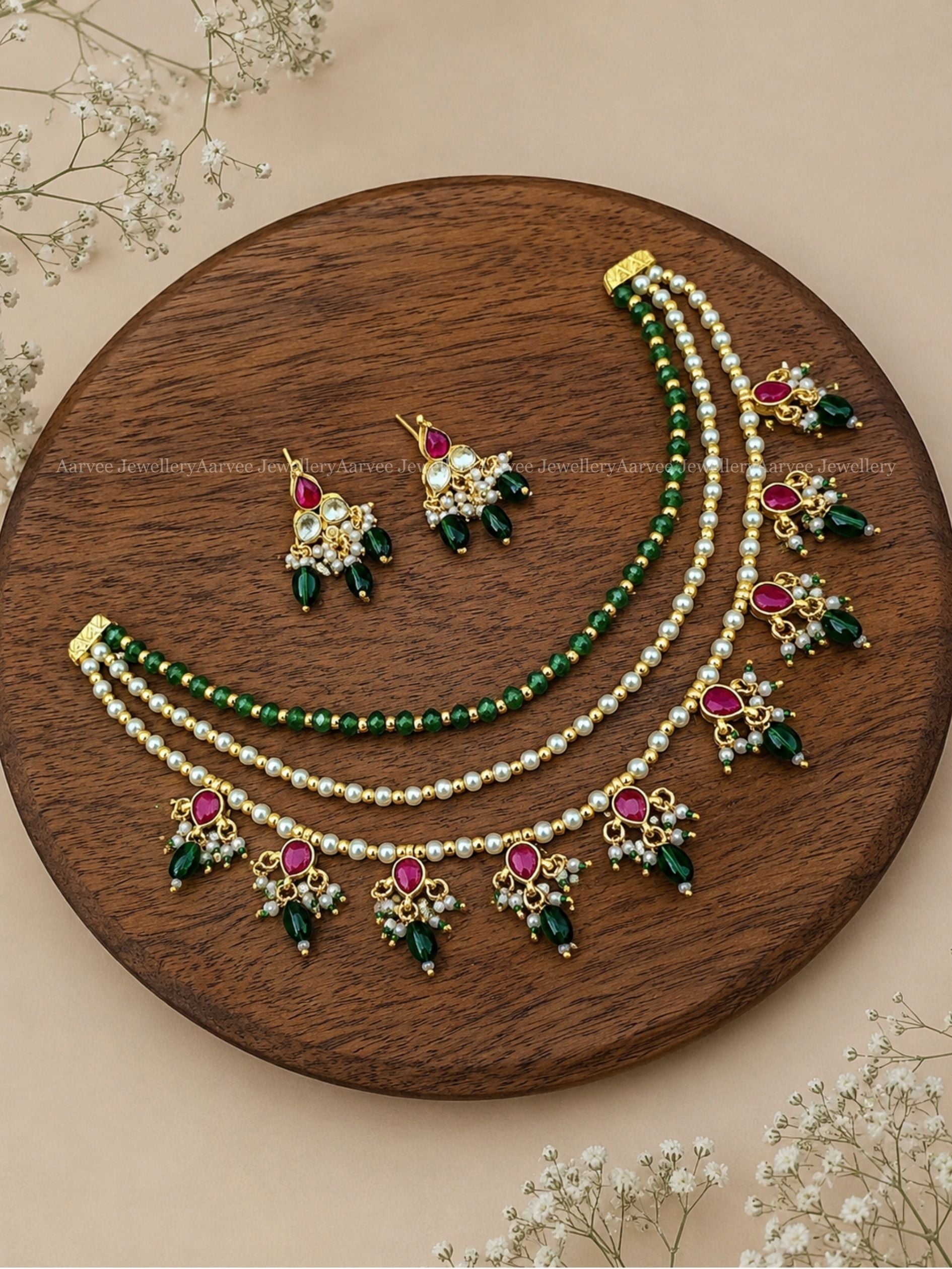 GREEN & PEARL BEADS LAYERED NECKLACE SET WITH KUNDAN RUBY STONE AND GREEN DROPS