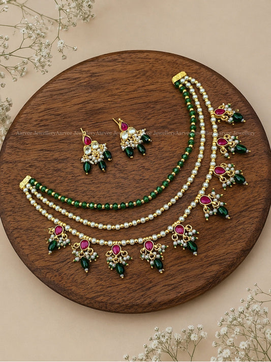 GREEN & PEARL BEADS LAYERED NECKLACE SET WITH KUNDAN RUBY STONE AND GREEN DROPS