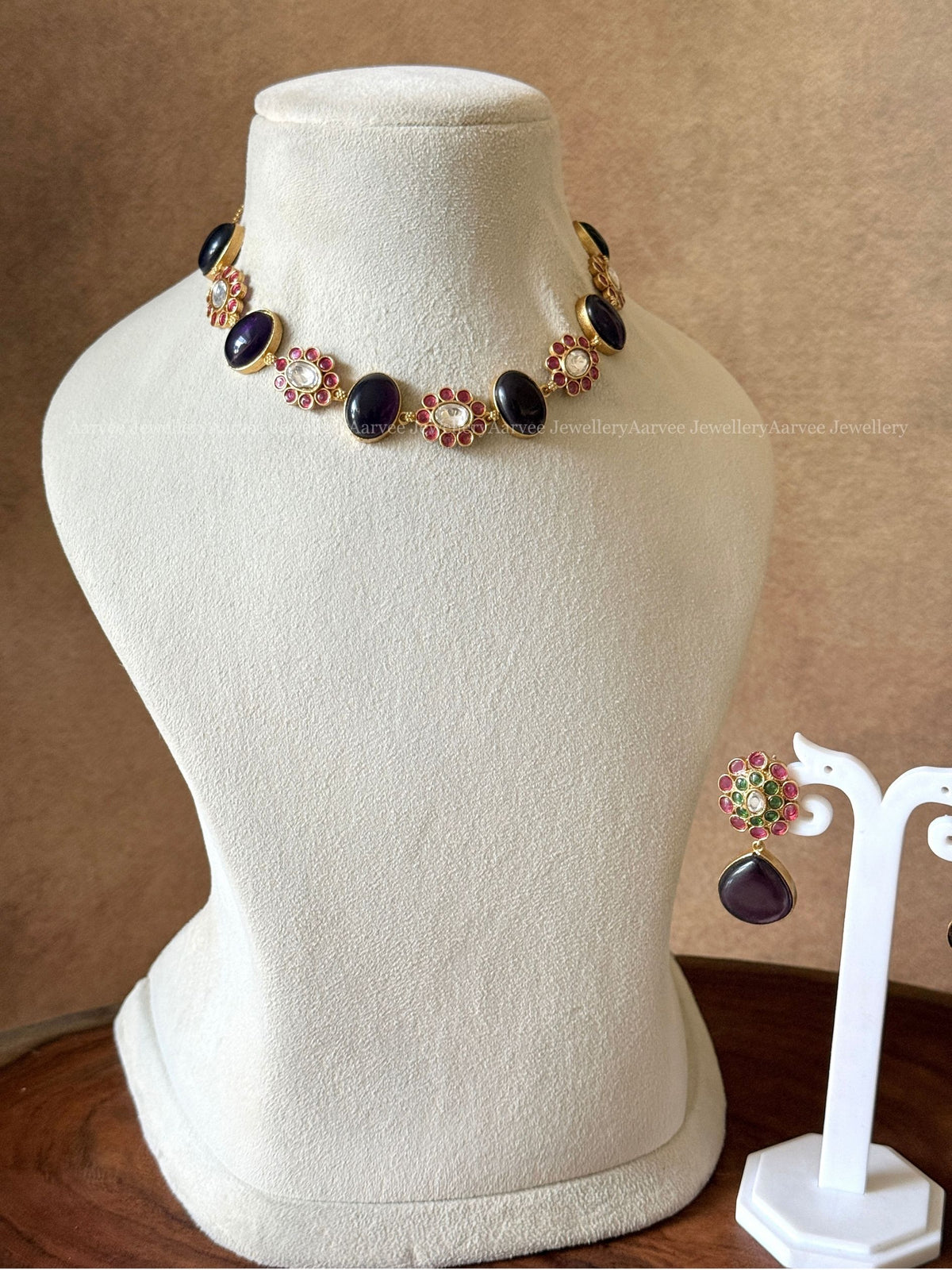 PREMIUM PURPLE STONE FLORAL NECKLACE SET 
