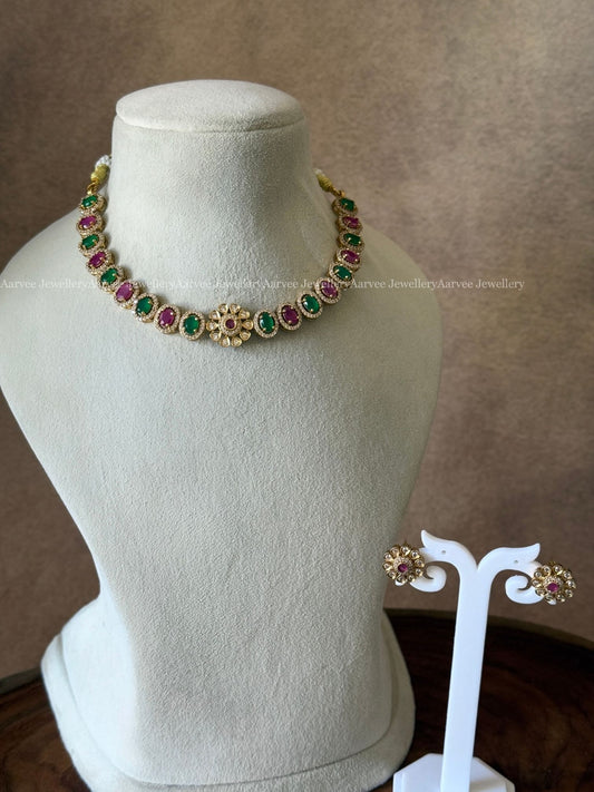 CLEARANCE - CZ RUBY / GREEN STONE FLORAL NECKLACE SET