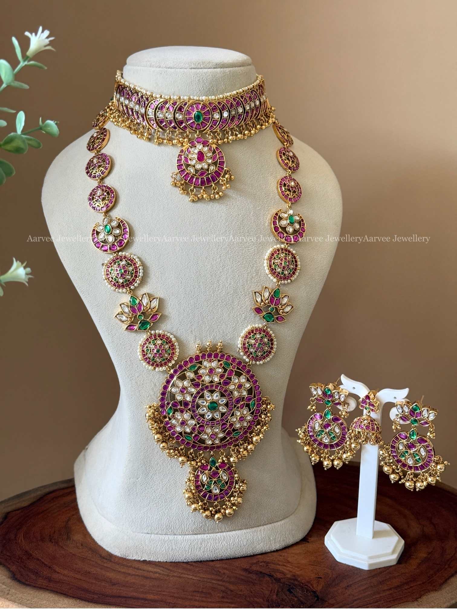 PREMIUM KEMP PINK / GREEN STONES CHOKER WITH LOTUS FLORAL HARAM SET WITH GOLD BEADS