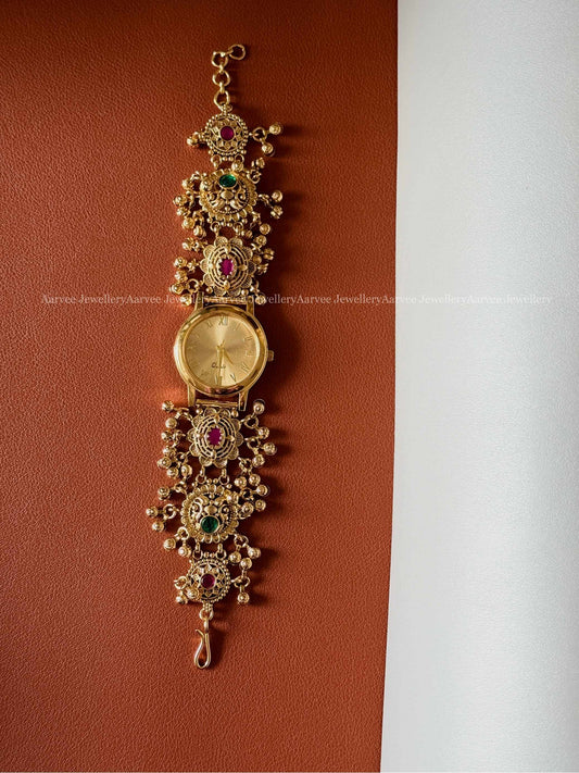 GOLD TONE VINTAGE RUBY / GREEN KUNDAN STONES WATCH BRACELET
