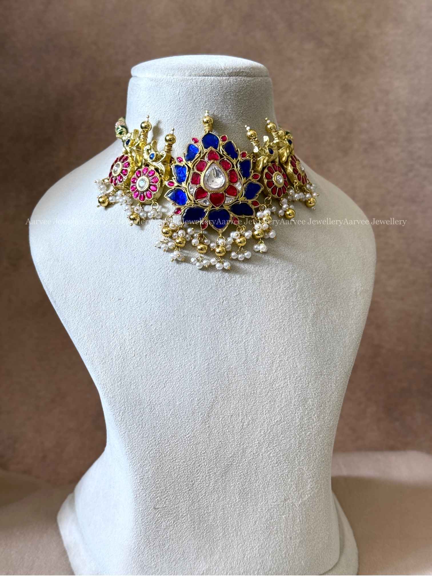 JADAU KUNDAN BLUE / PINK STONE LOTUS CHOKER WITH PEARL AND GOLD BEADS