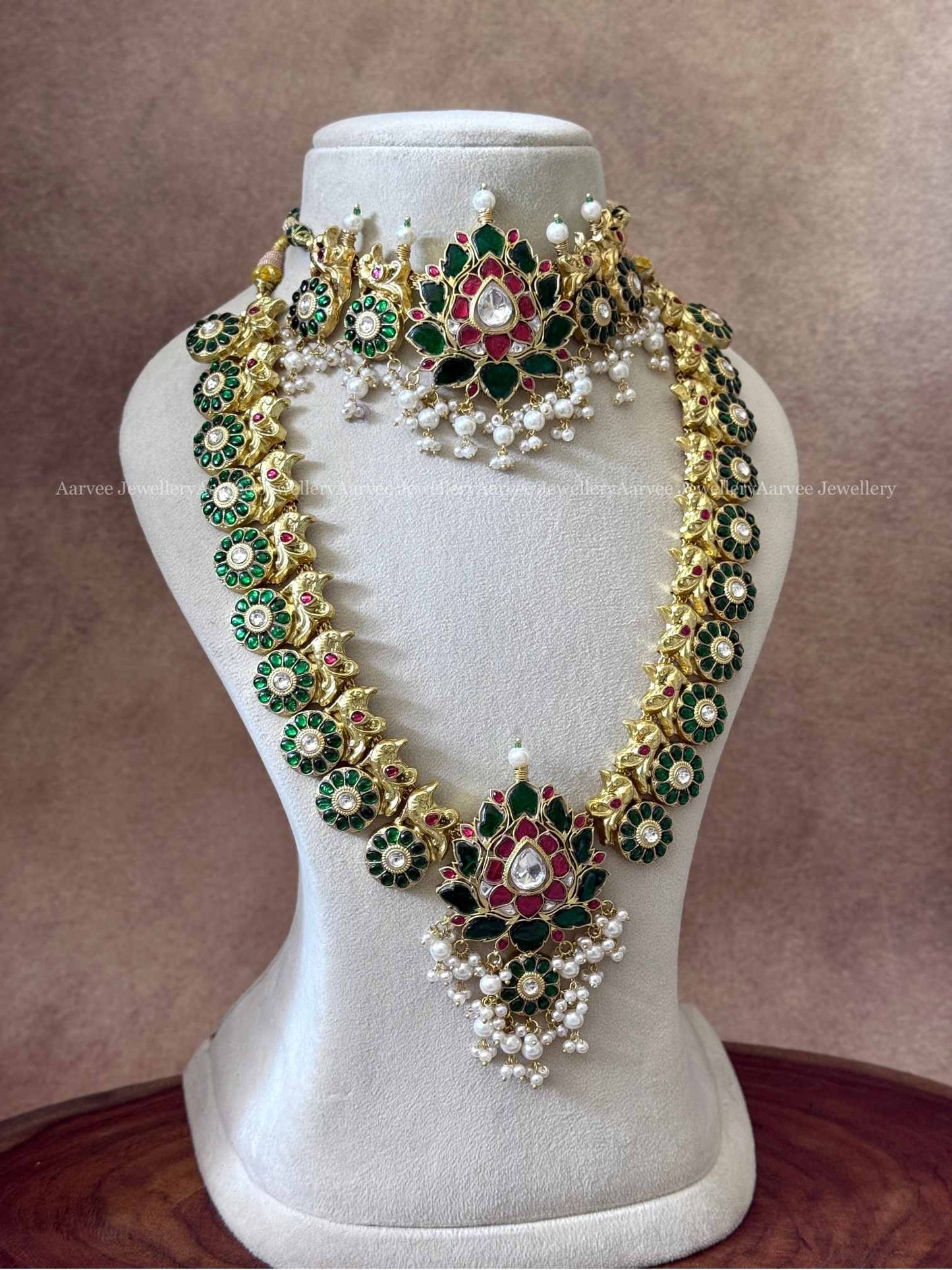 COMBO - JADAU KUNDAN GREEN STONES LOTUS CHOKER AND HARAM WITH PEARL BEADS