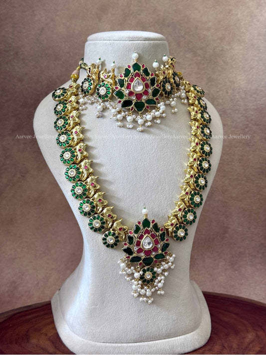 COMBO - JADAU KUNDAN GREEN STONES LOTUS CHOKER AND HARAM WITH PEARL BEADS