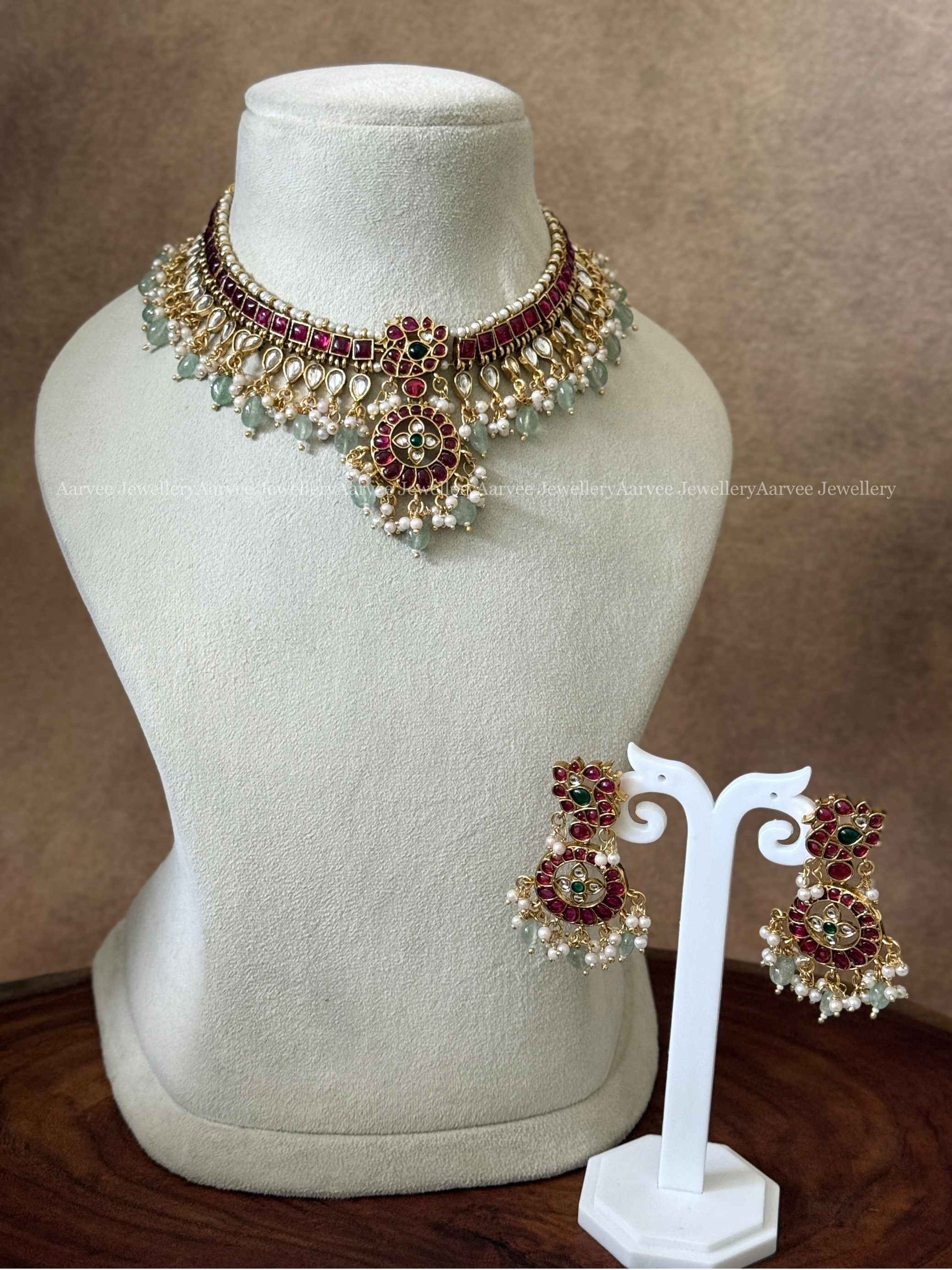 KEMP RUBY / WHITE STONE CHOKER SET WITH PASTEL BEADS