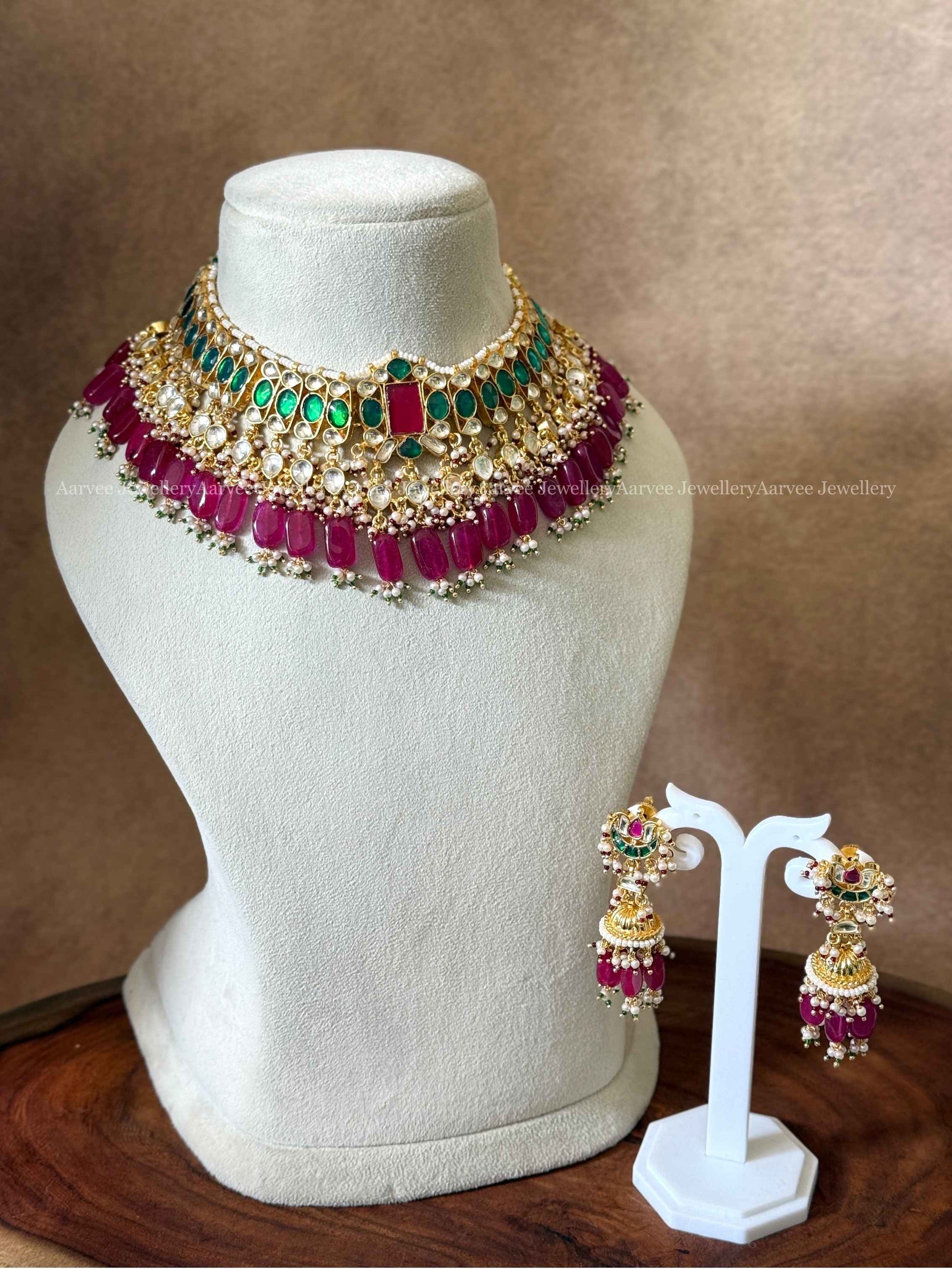 POLKI KUNDAN GREEN & WHITE STONES NECKALCE SET WITH RUBY BEADS
