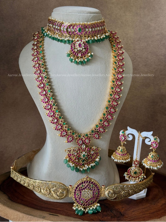 PREMIUM PINK KUNDAN STONES MANGO MOTIF BRIDAL JEWELLERY SET WITH PASTEL BEADS