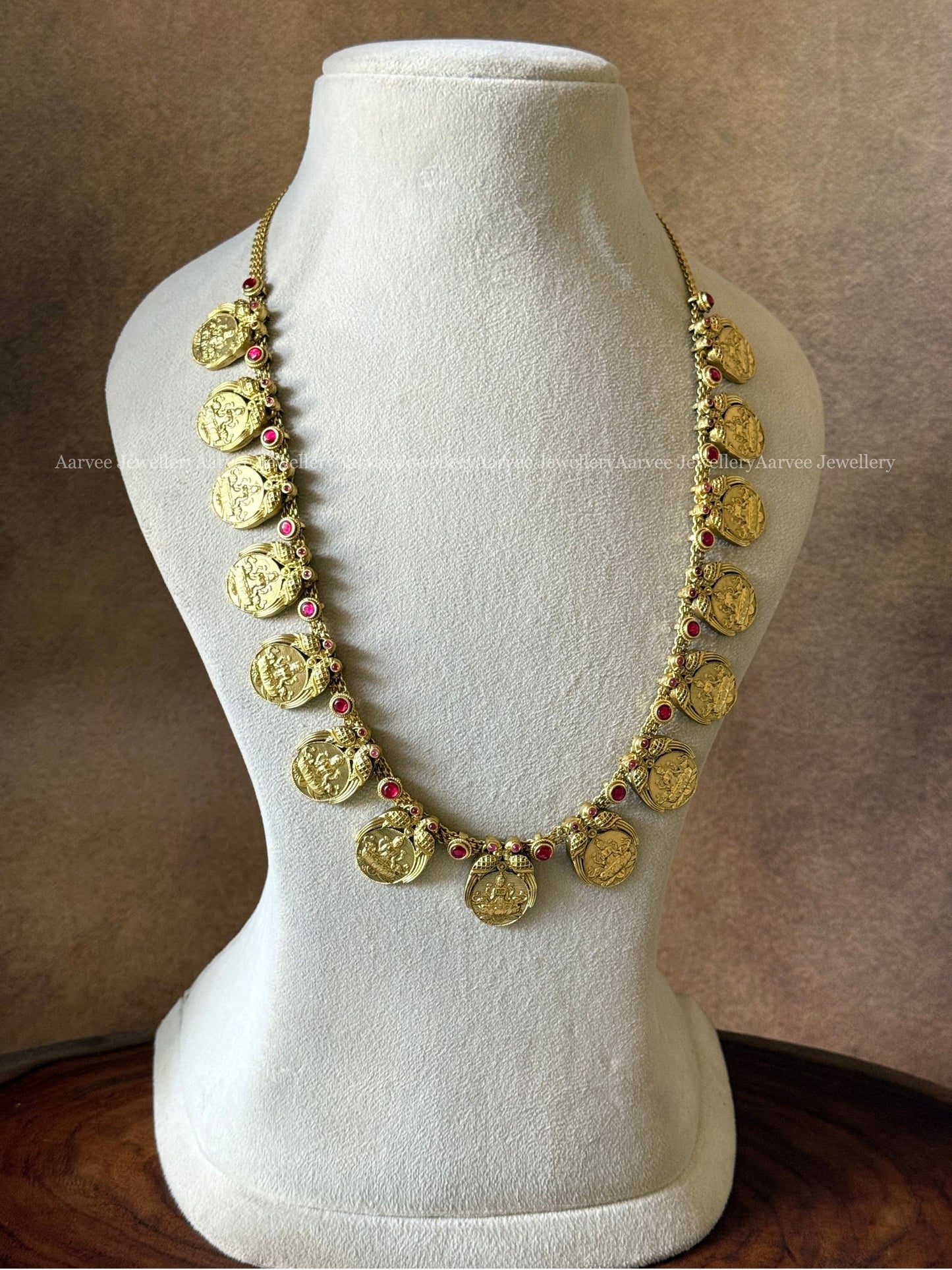 JADAU KUNDAN LAKSHMI & PEACOCK GOLD TONE COIN MIDLENGTH HARAM