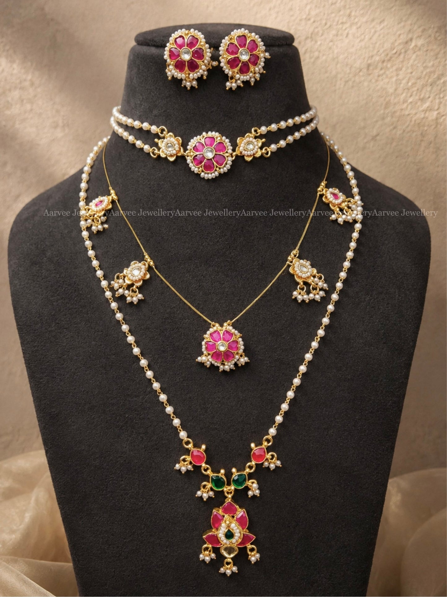 POLKI KUNDAN MINIMAL LAYERED SET WITH FLORAL PINK STONE & PEARLS 