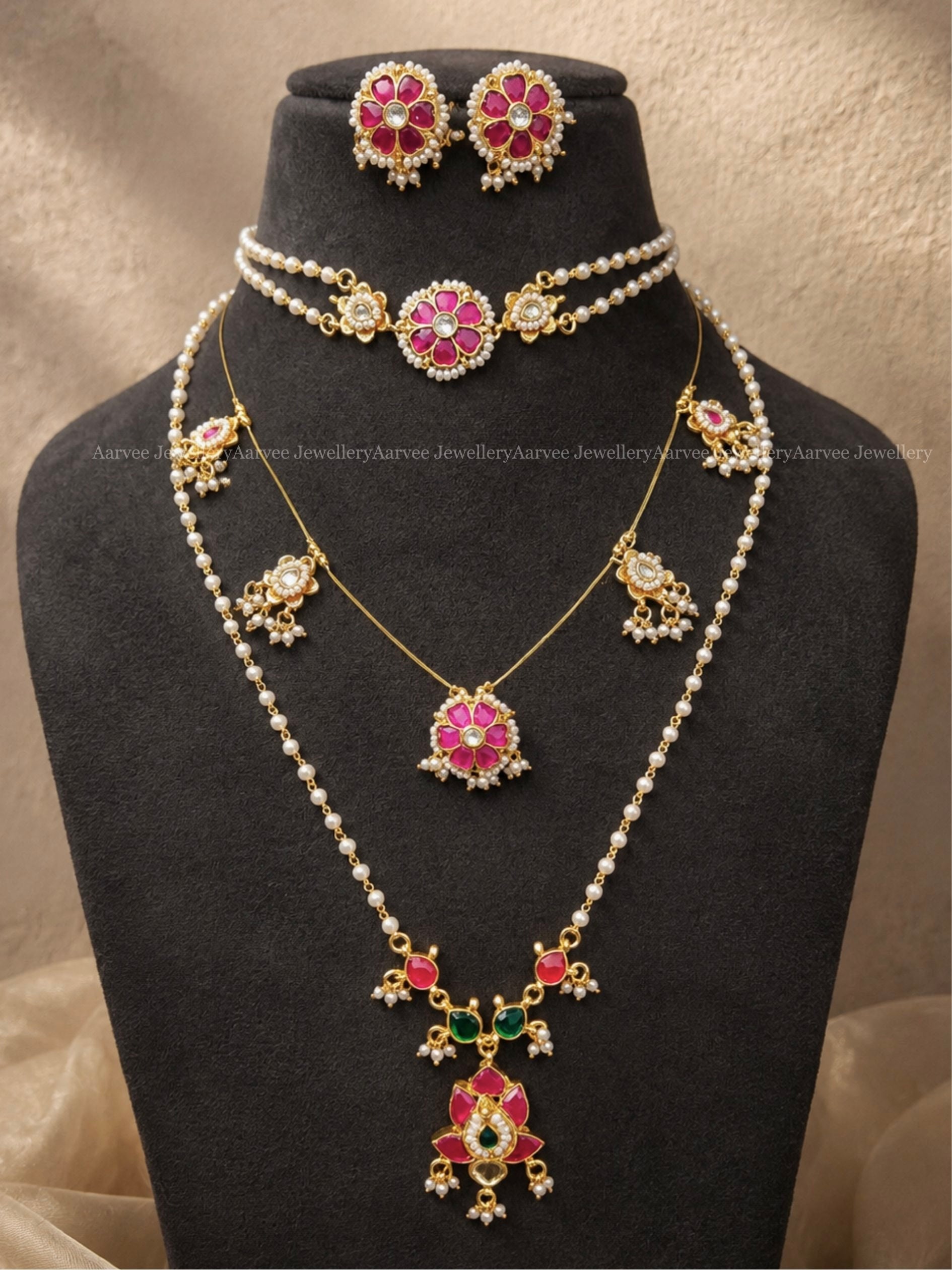 POLKI KUNDAN MINIMAL LAYERED SET WITH FLORAL PINK STONE & PEARLS 