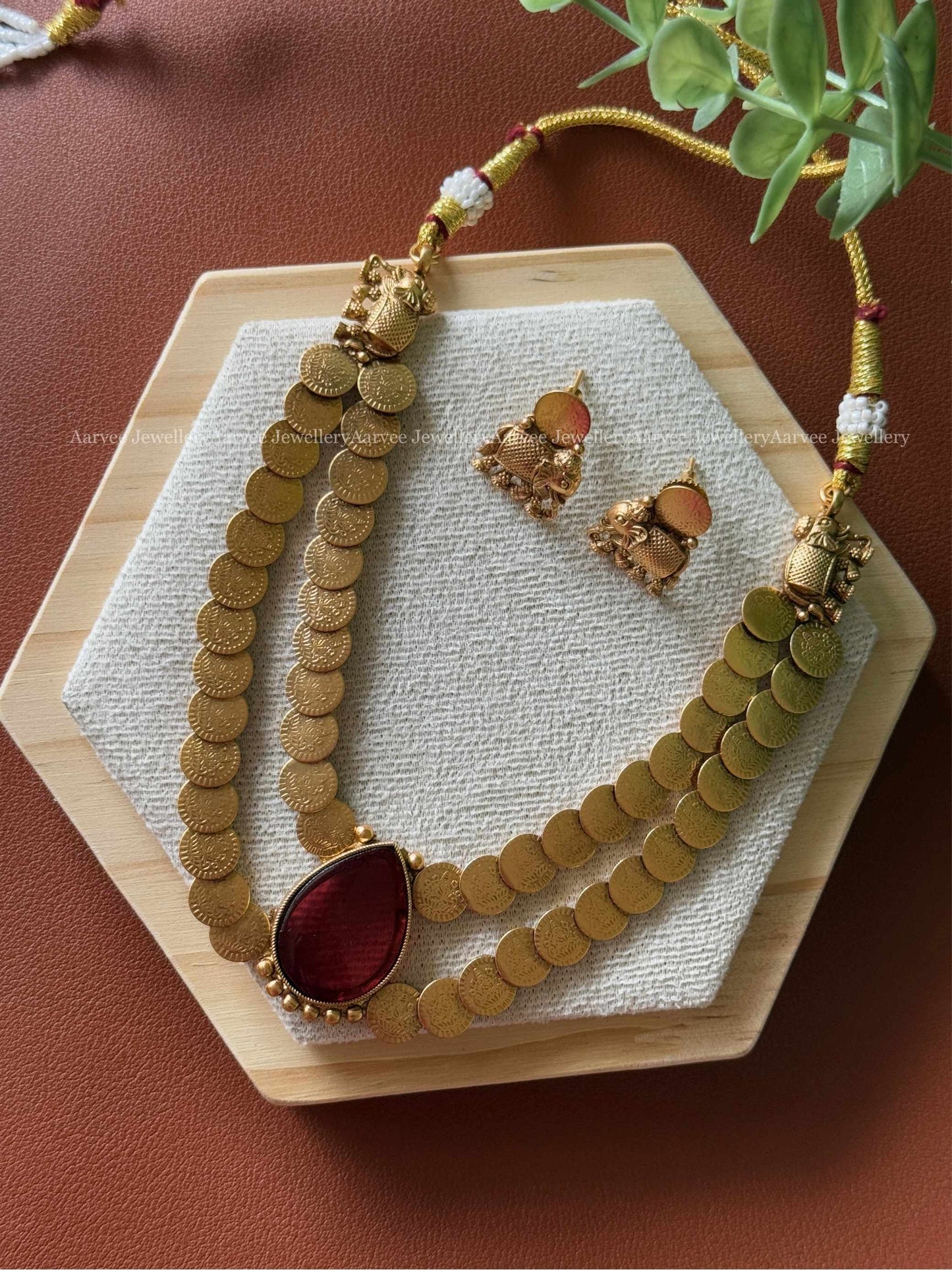 TWO LAYER COIN NECKLACE SET WITH RUBY STONE TEAR DROP PENDANT