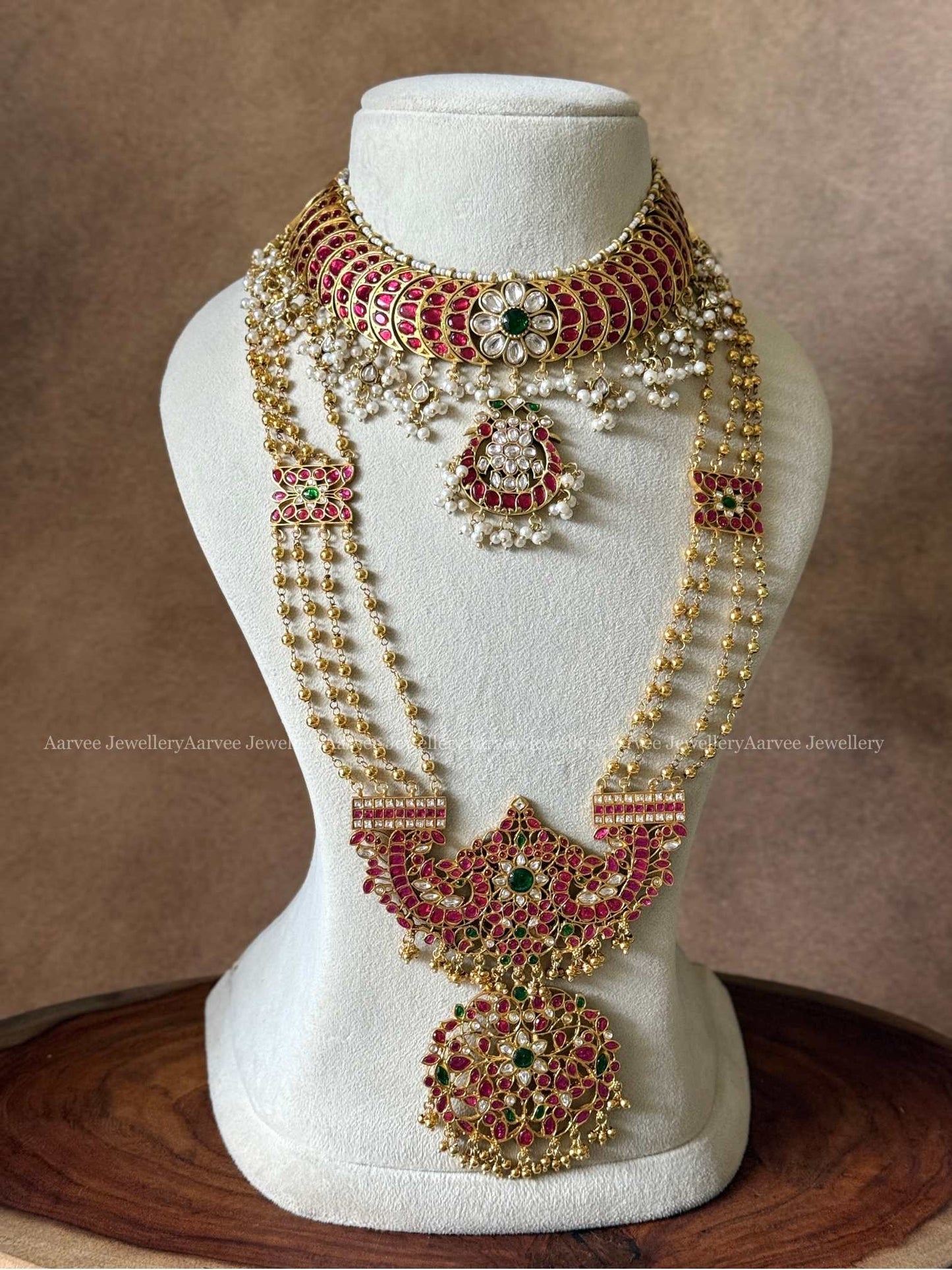  JADAU KUNDAN SEMI BRIDAL - RUBY STONE HALF MOON CHOKER WITH LAYERED HARAM