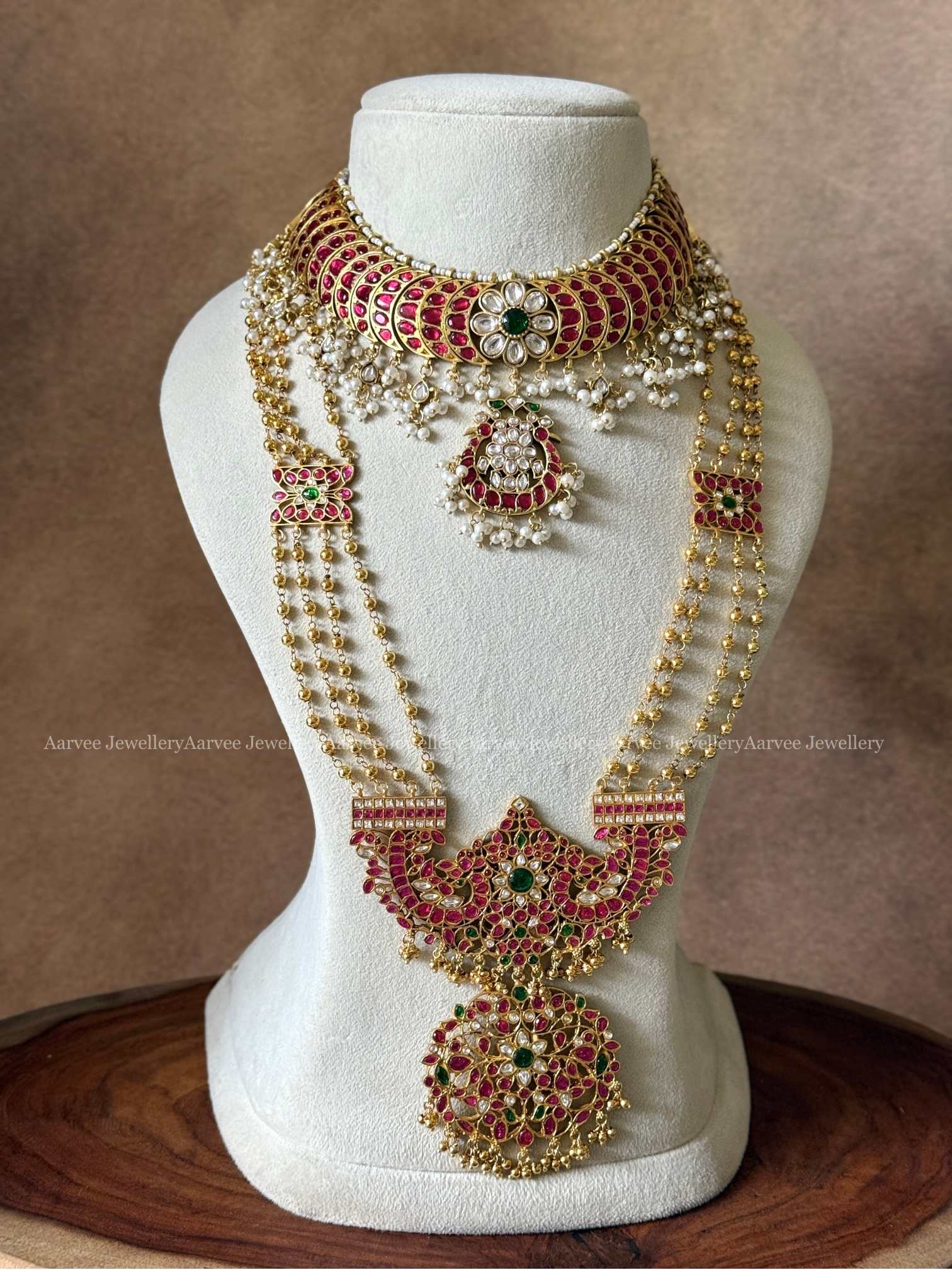  JADAU KUNDAN SEMI BRIDAL - RUBY STONE HALF MOON CHOKER WITH LAYERED HARAM