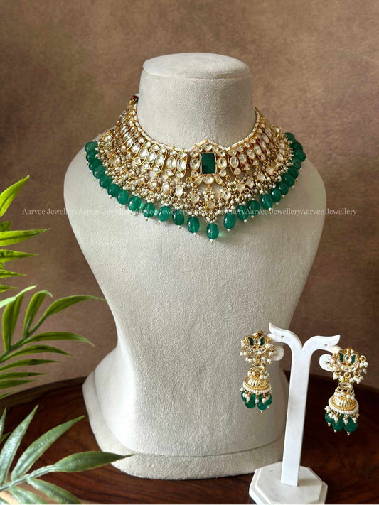 POLKI KUNDAN WHITE STONE BRIDAL CHOKER SET WITH GREEN BEADS