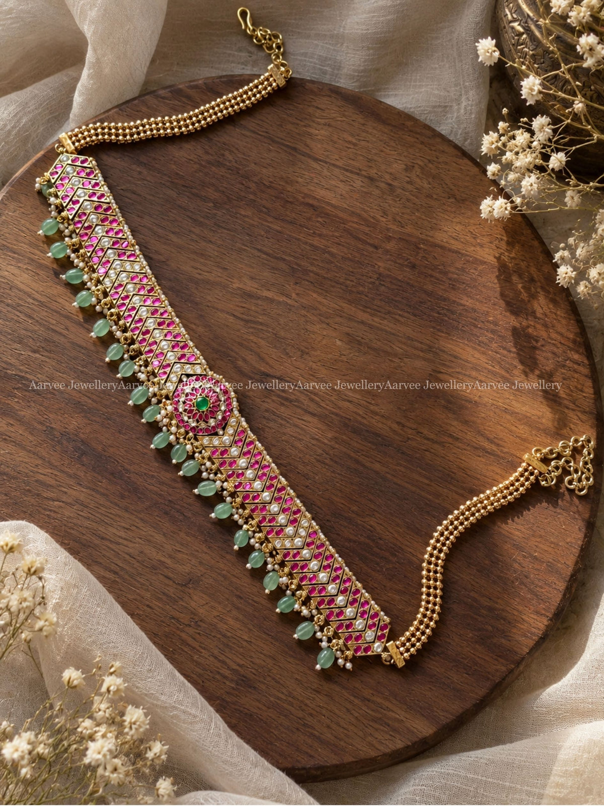 PREMIUM PINK KUNDAN STONES WAIST CHAIN WITH PASTEL BEADS