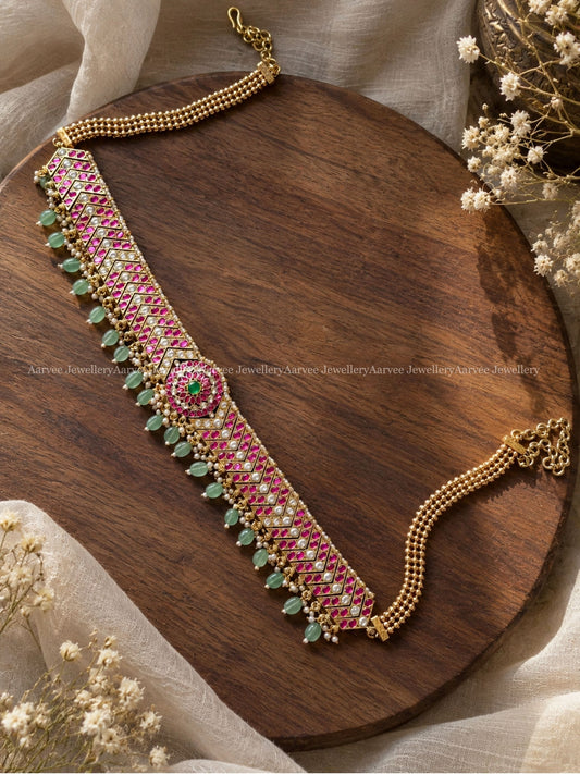 PREMIUM PINK KUNDAN STONES WAIST CHAIN WITH PASTEL BEADS