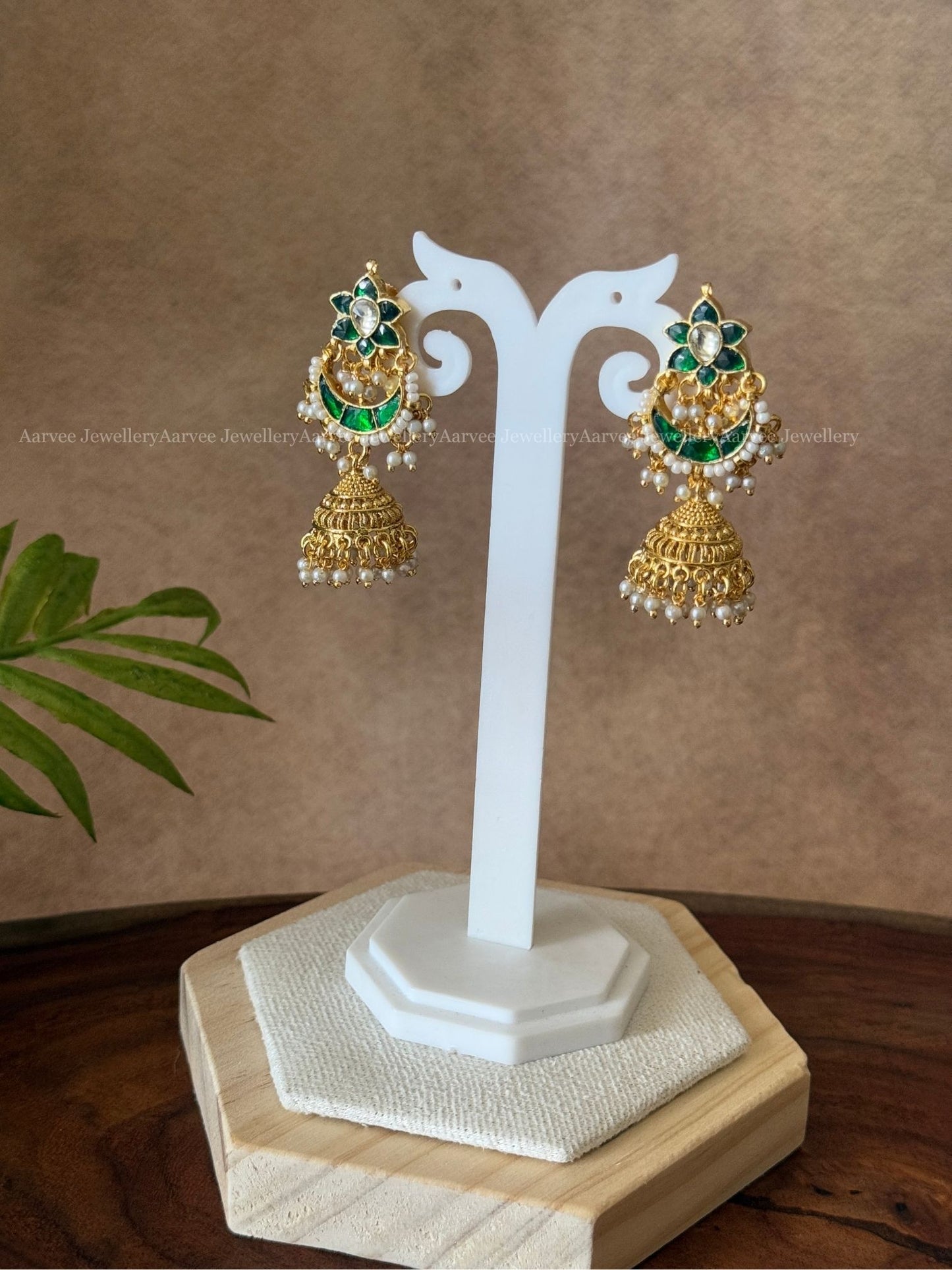 POLKI KUNDAN GREEN STONE FLORAL CHAND JHUMKI