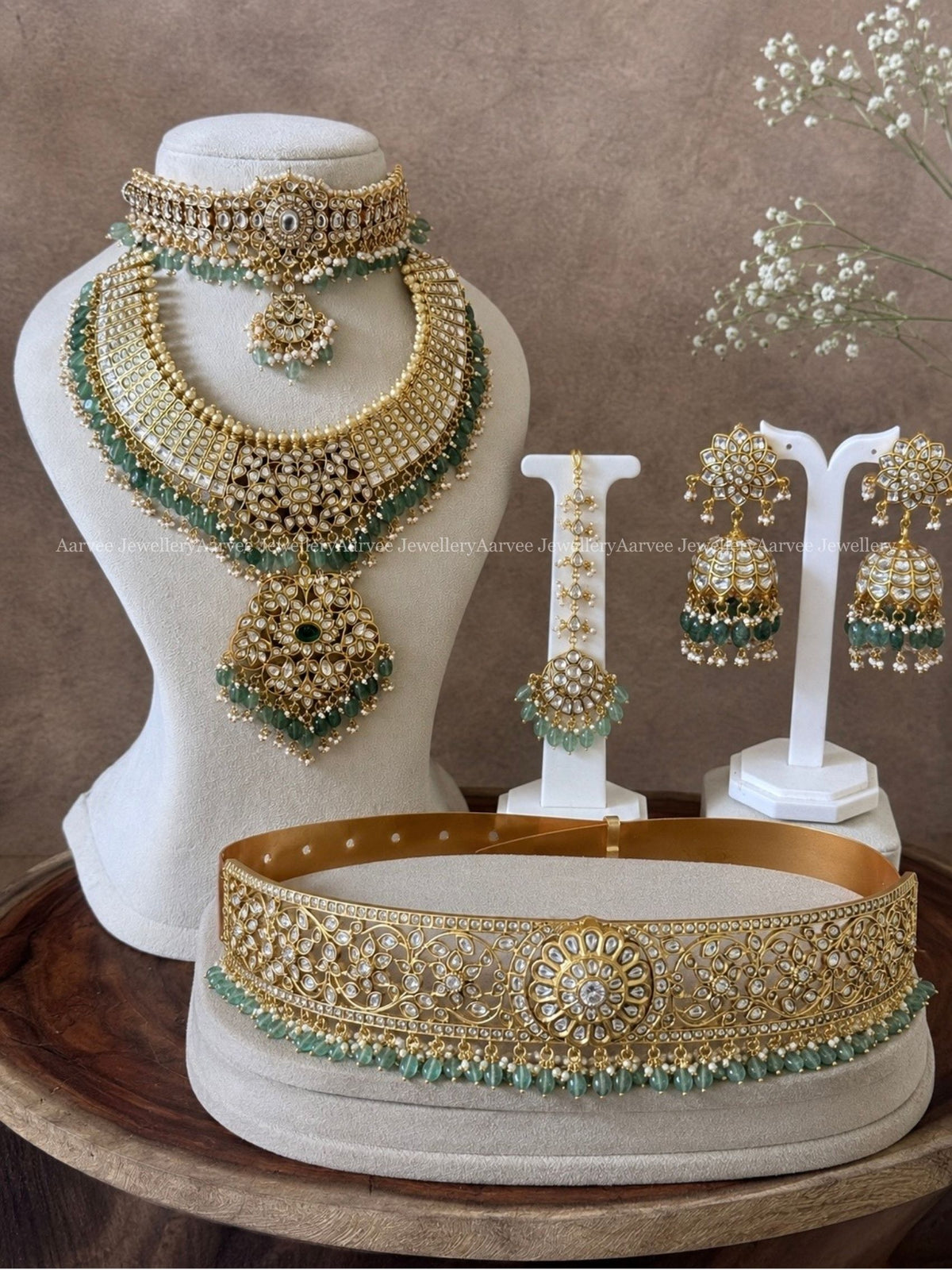 JADAU KUNDAN EXCLUSIVE WHITE STONES AND PASTEL BEADS BRIDAL JEWELLERY SET