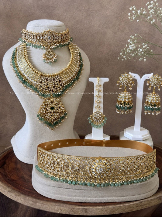 JADAU KUNDAN EXCLUSIVE WHITE STONES AND PASTEL BEADS BRIDAL JEWELLERY SET