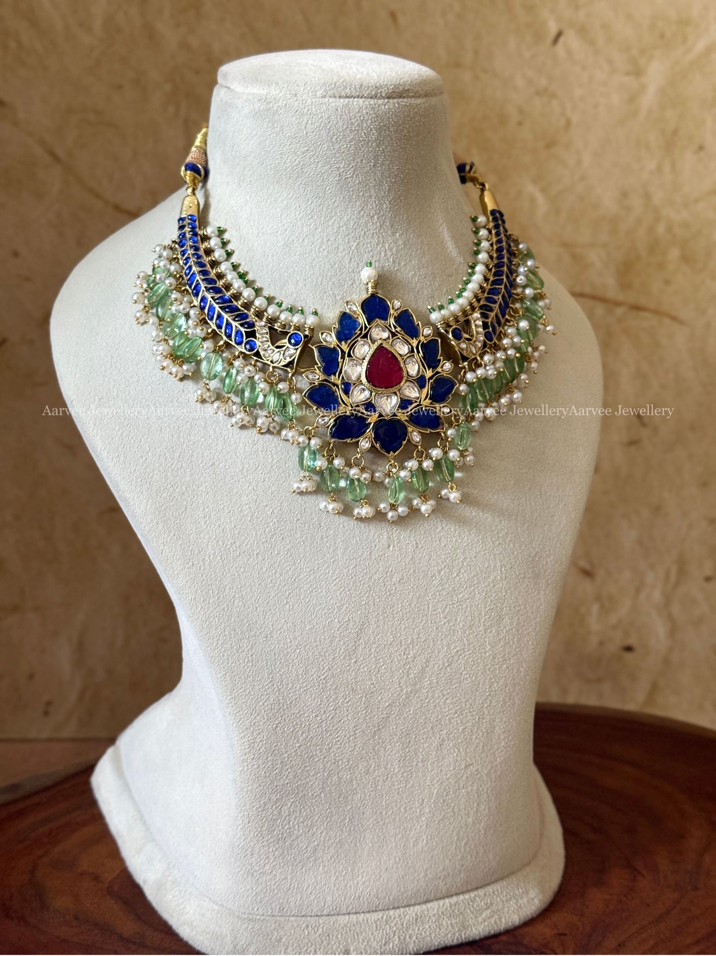 JADAU KUNDAN LOTUS KANTI NECKLACE WITH BLUE STONES & TINY GREEN BEADS