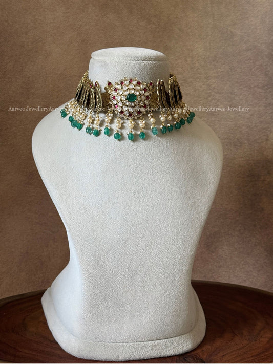 PREMIUM ANTIQUE GOLD LAKSHMI COIN CHOKER WITH RUBY / WHITE FLORAL PENDANT AND GREEN BEADS