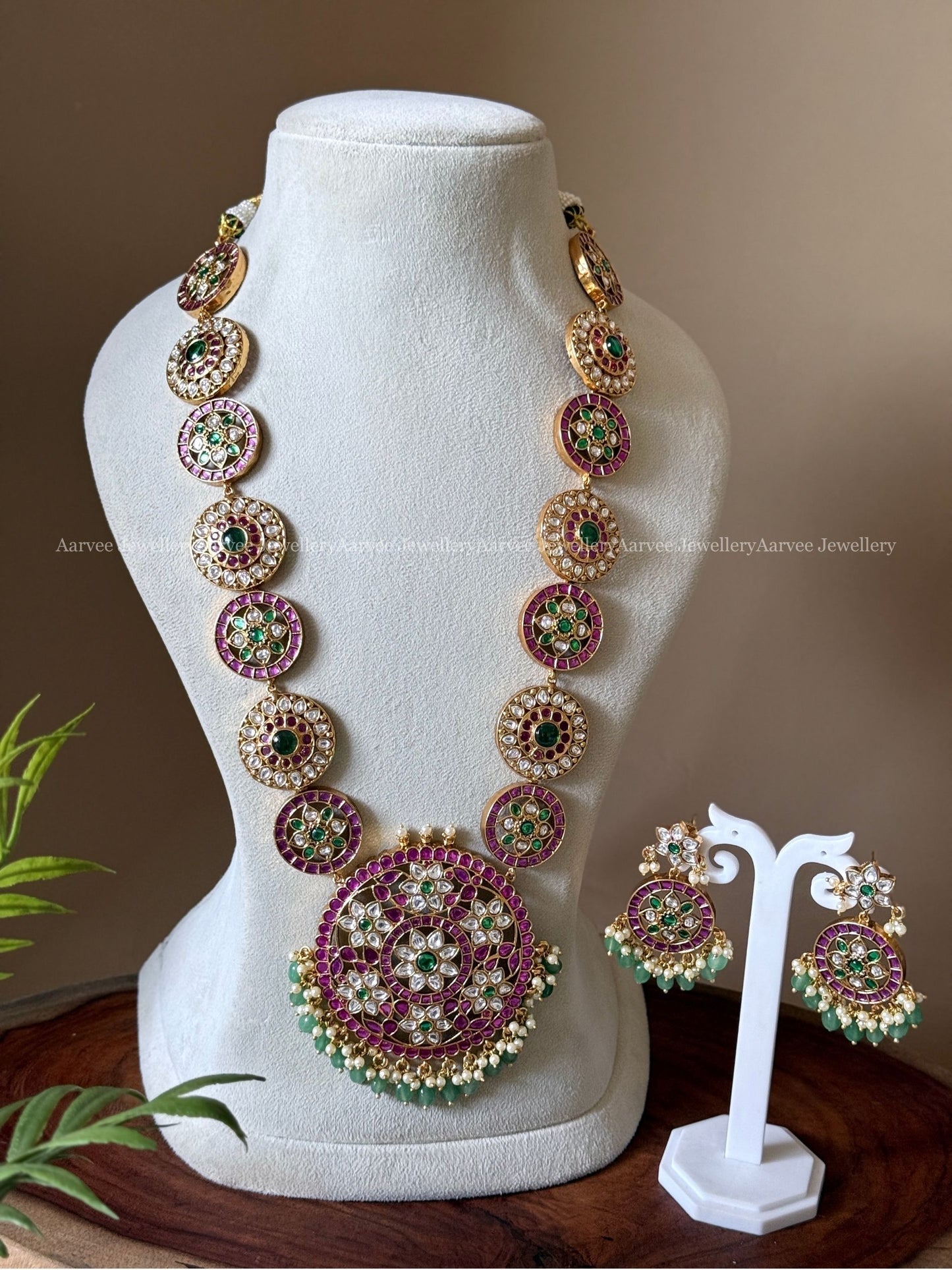 PREMIUM PINK KUNDAN MULTI COLOR BOTTU & FLORAL HARAM SET WITH PASTEL BEADS